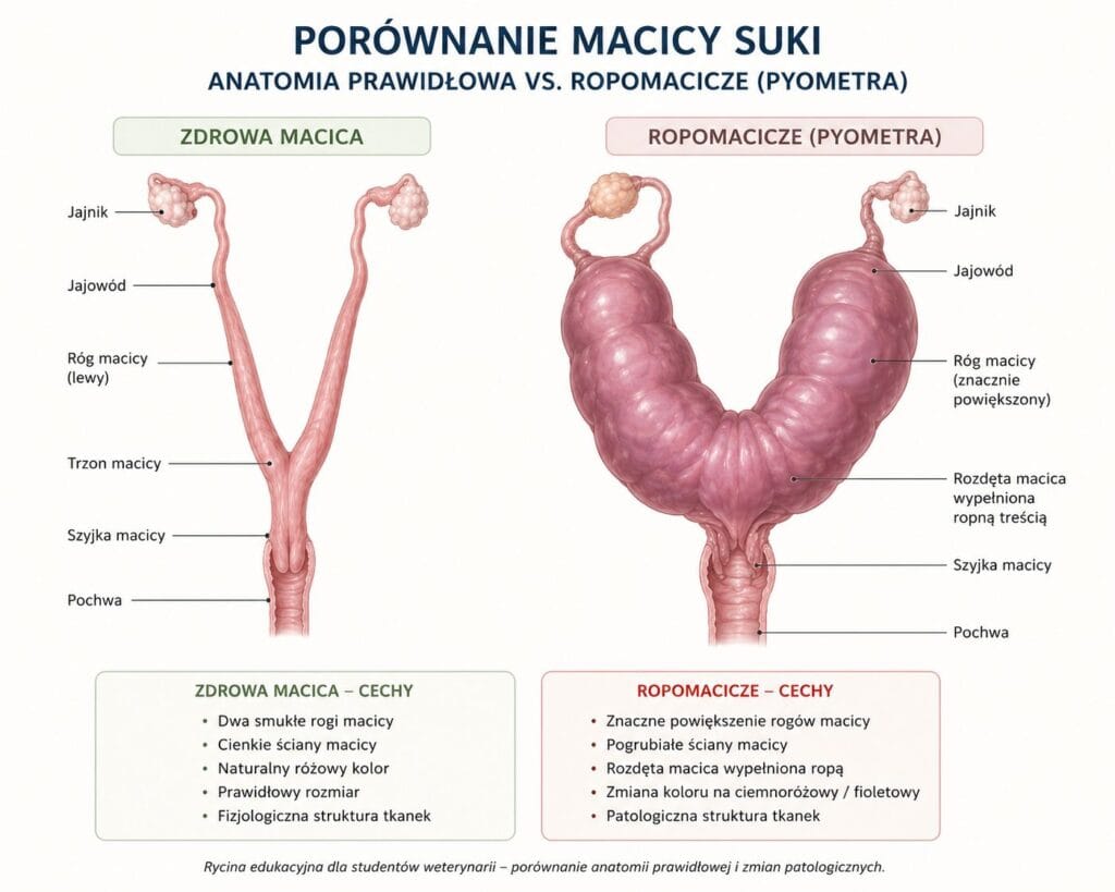 Porównanie zdrowej macicy suki z macicą zmienioną w przebiegu ropomacicza – ilustracja anatomiczna