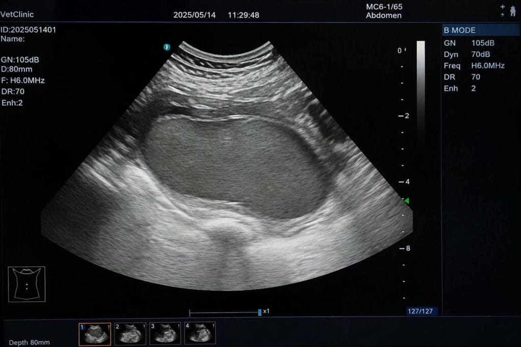 Badanie USG ropomacicza u suki – wypełniona ropą macica widoczna w ultrasonografii